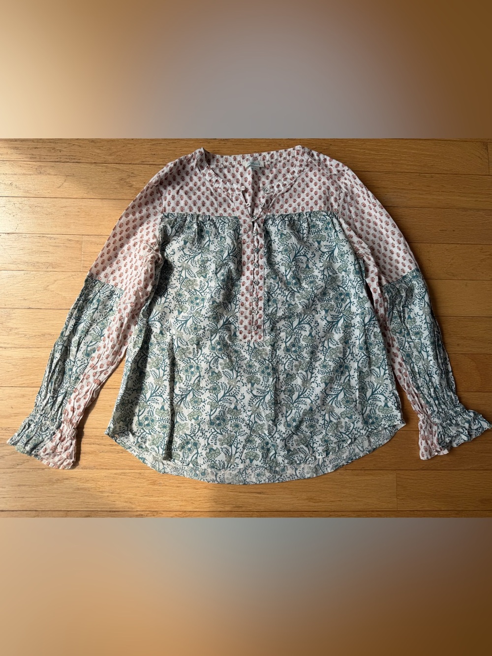 Sundance White Blouse with Teal Floral Print and Rust Accents